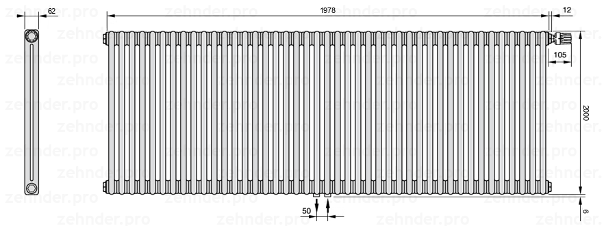 Схема (чертеж) Радиатор Zehnder Charleston 2200/43 №V008 Белый глянцевый RAL 9016